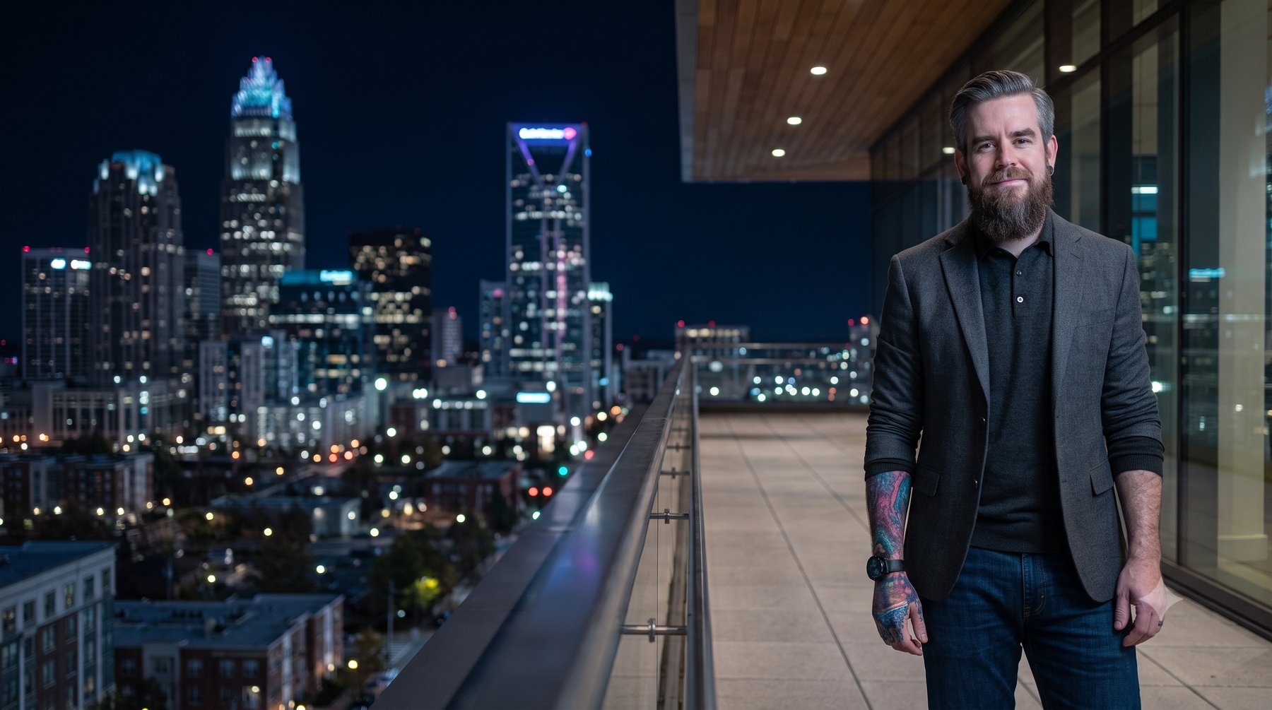 Grady Mask on a rooftop overlooking the Charlotte skyline at night